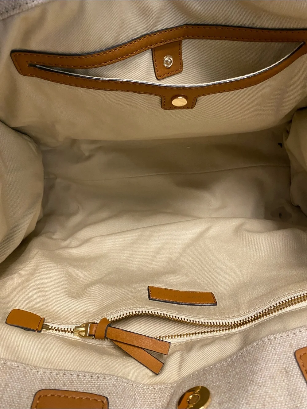 Tory Burch Canvas Tote with Tan Leather Trim and Embroidered Medallion